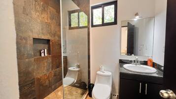 A bathroom with a glass shower enclosure, a toilet, a sink with a mirror, and a dark-colored cabinet.