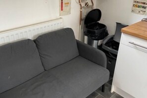 A grey sofa, a small kitchen area with a stove, and a white cabinet.