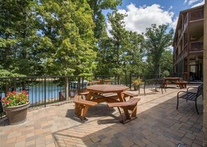 Eine Terrassengruppe im Freien mit Picknicktisch und Bänken, mit Blick auf ein Gewässer, umgeben von Bäumen.