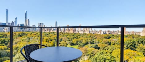 A balcony with a table and chairs, overlooking a cityscape and a park.