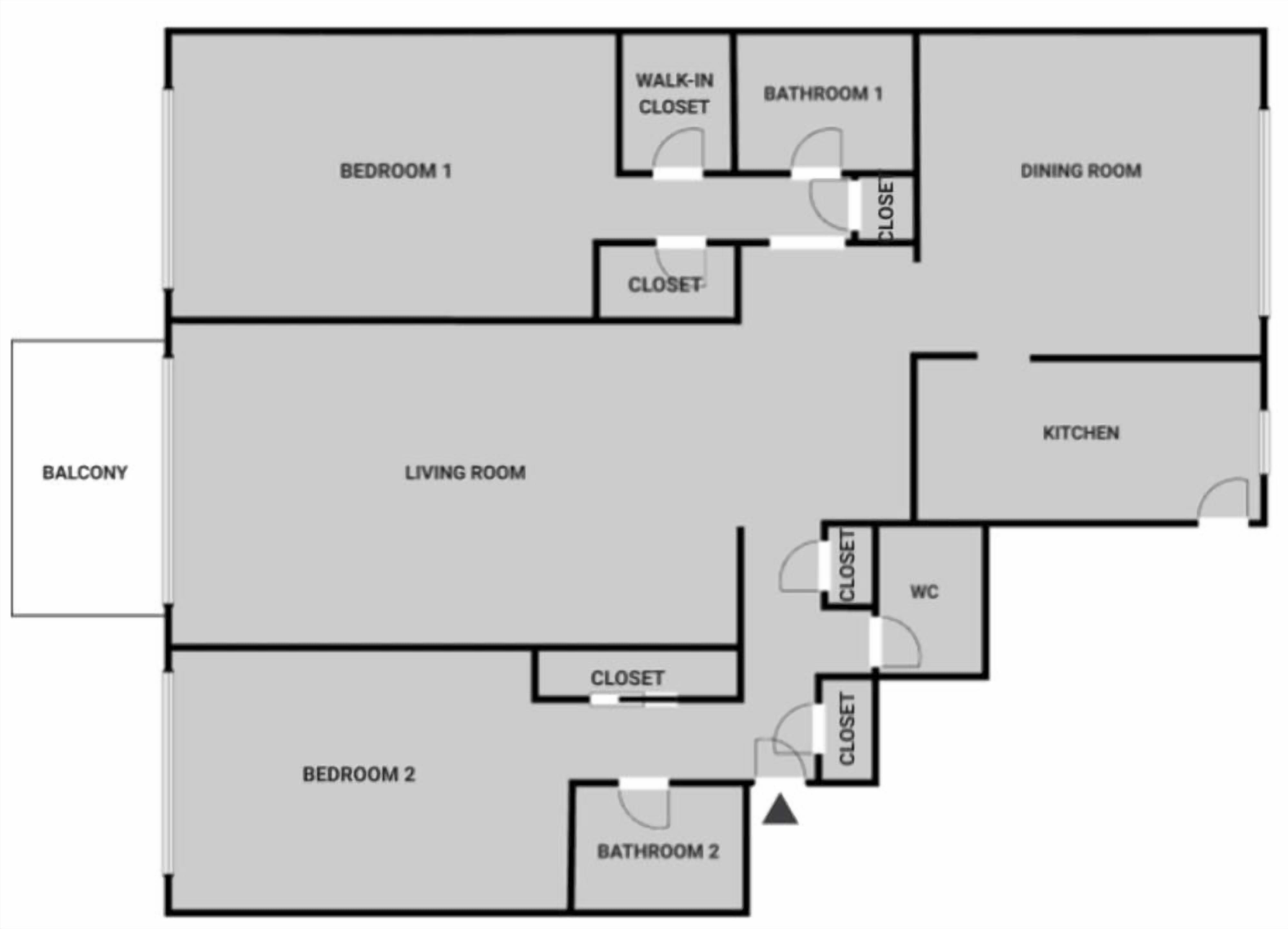 A floor plan with two bedrooms, a living room, a dining room, a kitchen, two bathrooms, a balcony, and a walk-in closet.