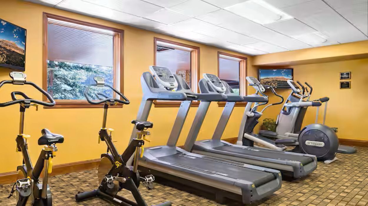 Et fitnesscenter med løbebånd, crosstrainere og en motionscykel.
