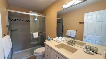 A bathroom with a glass-enclosed shower, a toilet, a sink with toiletries, and a mirror.