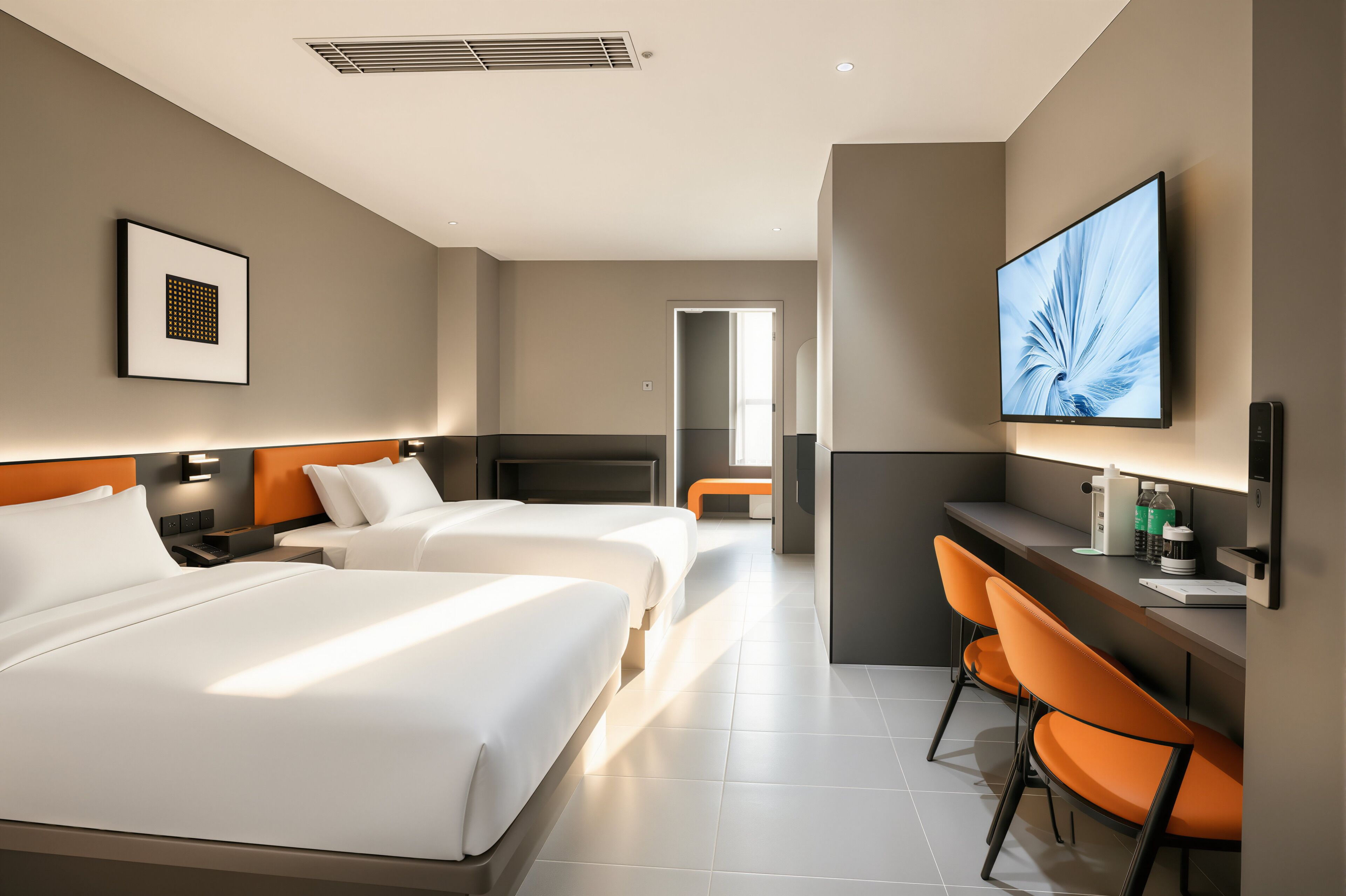 Hotellihuone, jossa on kaksi sänkyä, työpöytä tuolilla, taulutelevisio ja seinällä kehystetty taulu.