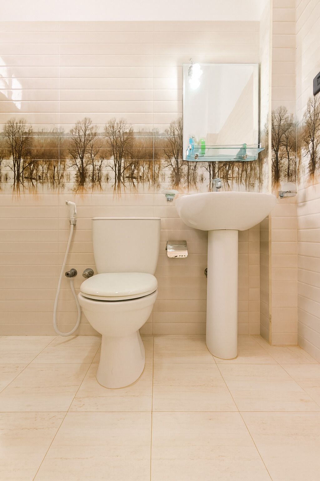A bathroom with a toilet, sink, and a mirror above the sink.