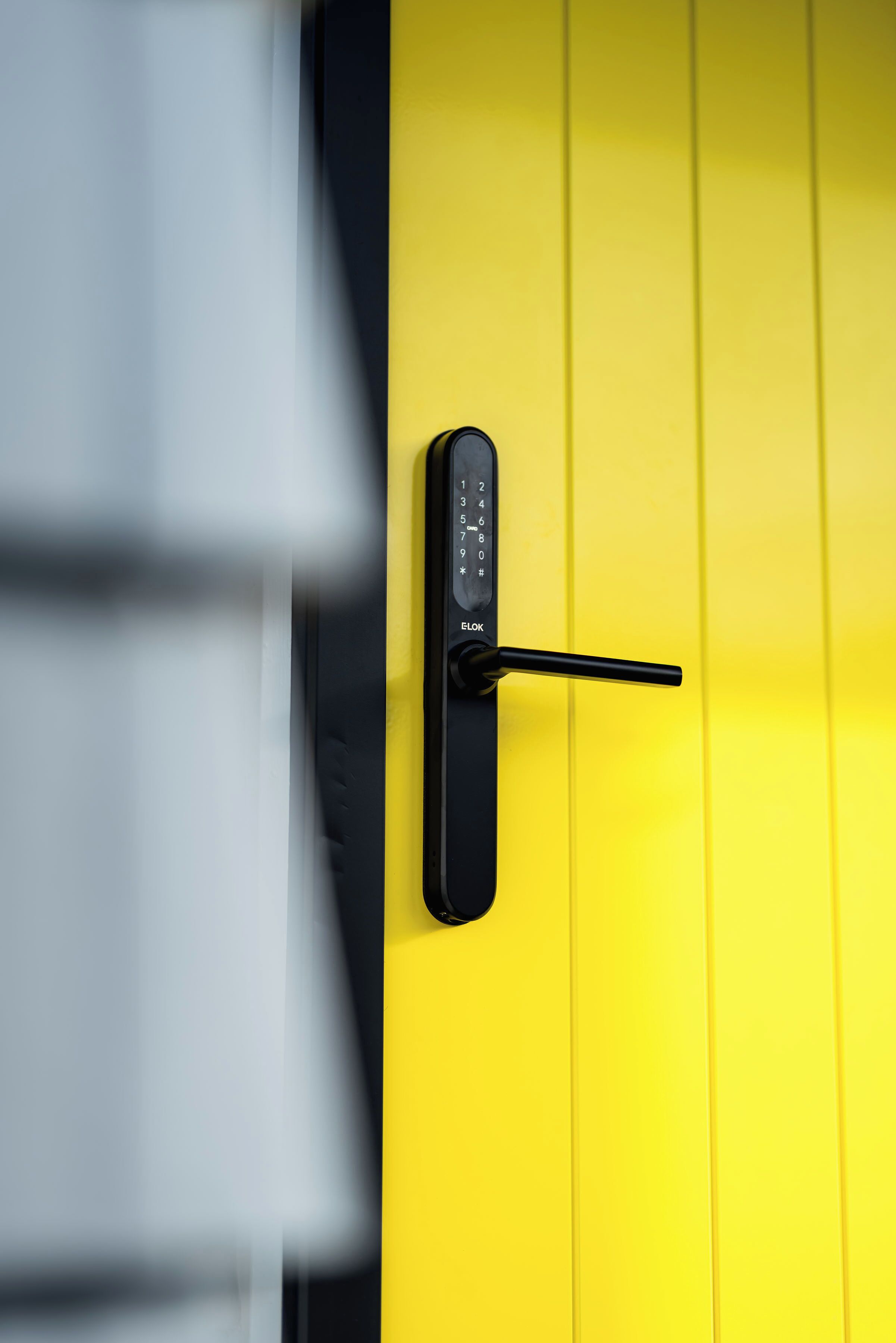 A door with a keypad lock and a keyhole.