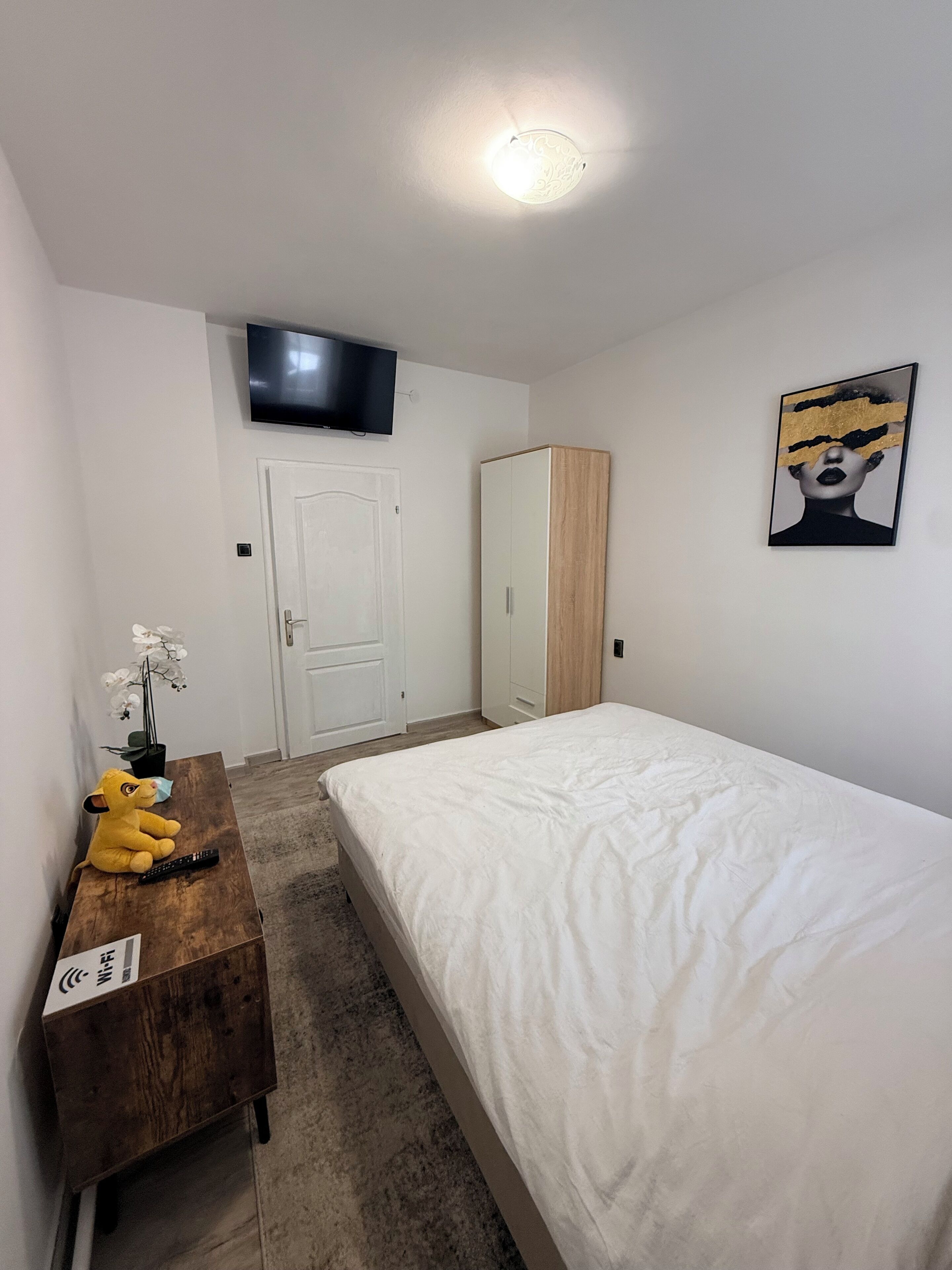A bedroom with a bed, a wooden dresser, a TV mounted on the wall, a door, and a framed picture.