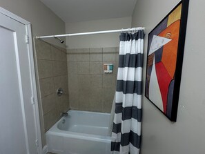 Hair dryer, towels, soap, shampoo