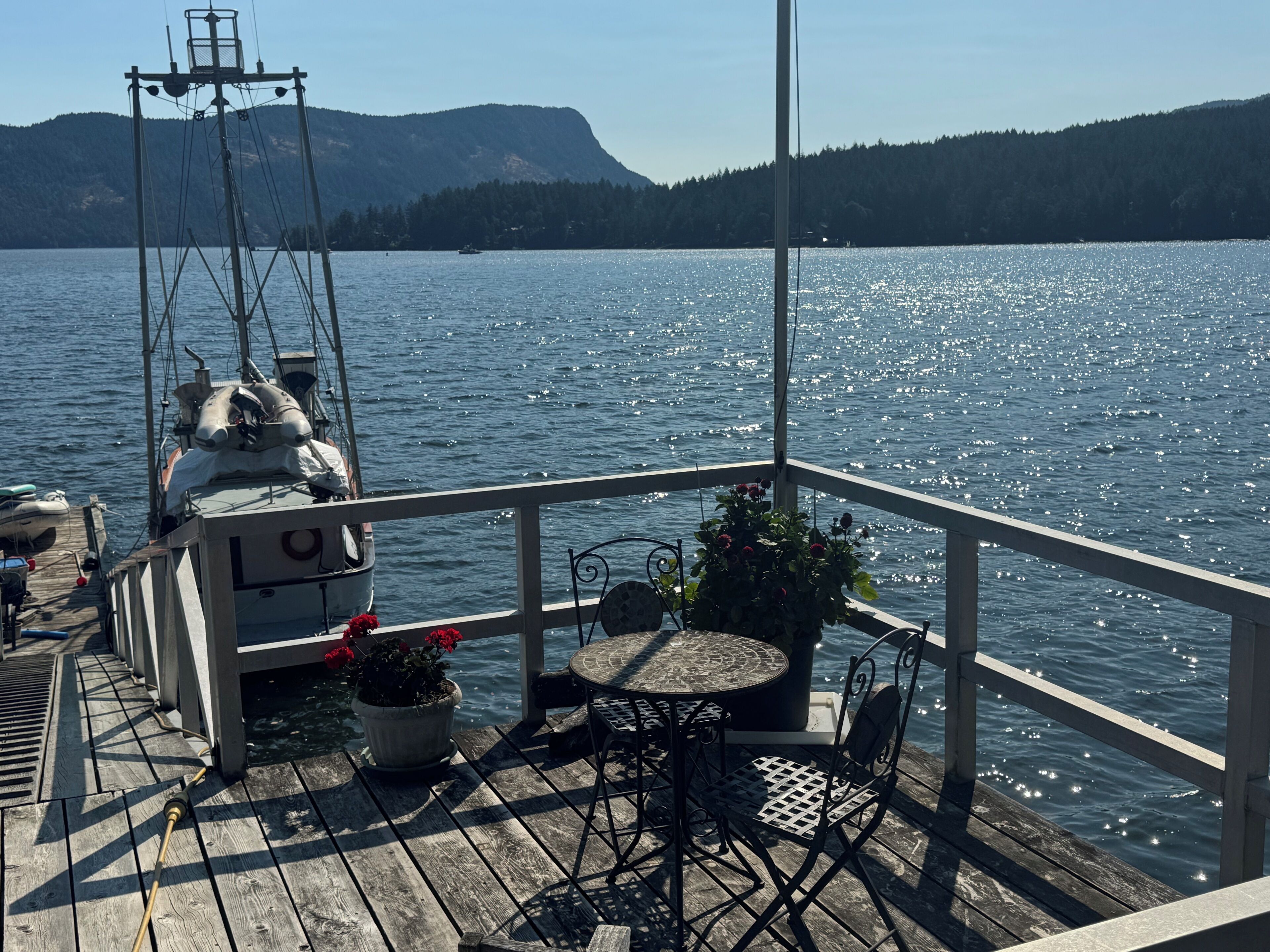 Une terrasse en bois avec une table et des chaises, une plante en pot et un bateau amarré au fond.