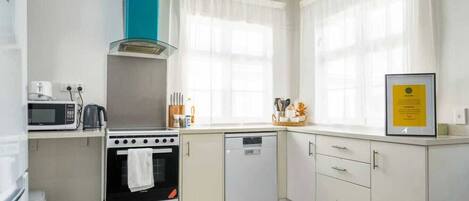 A compact kitchen with a stove, microwave, and dishwasher.