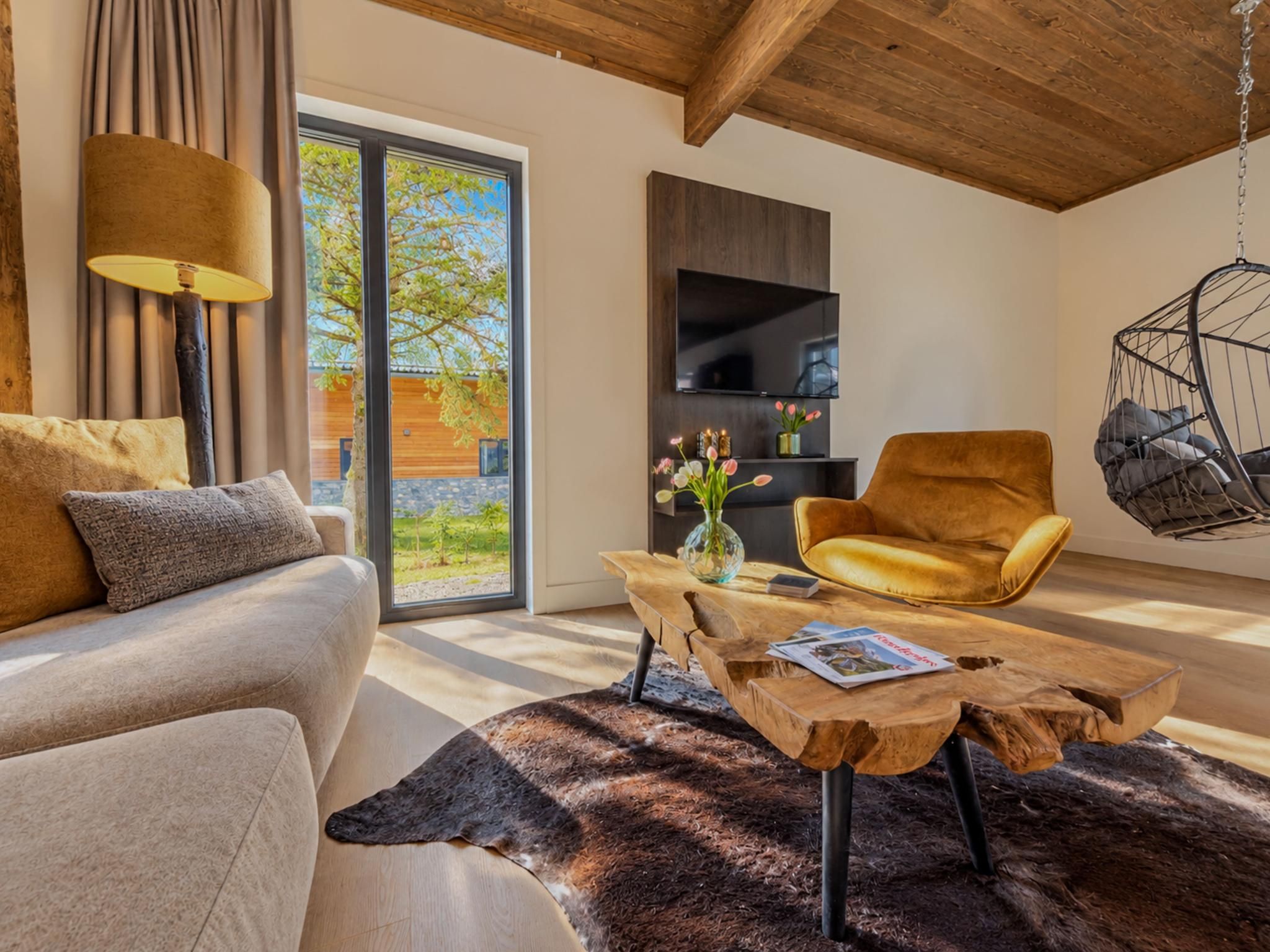 Un salon moderne avec un canapé, un fauteuil suspendu, une table basse et un téléviseur.