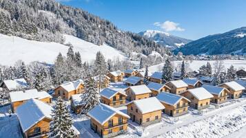 A cluster of wooden cabins with snow-covered roofs, surrounded by a snowy landscape and trees, with mountains in the background.