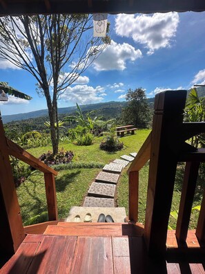 Una terraza de madera con un sendero de piedra que lleva a un banco, rodeado de abundante vegetación y vistas a colinas distantes.