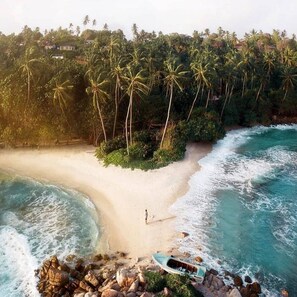 A beach with a boat, rocky shoreline, and palm trees.