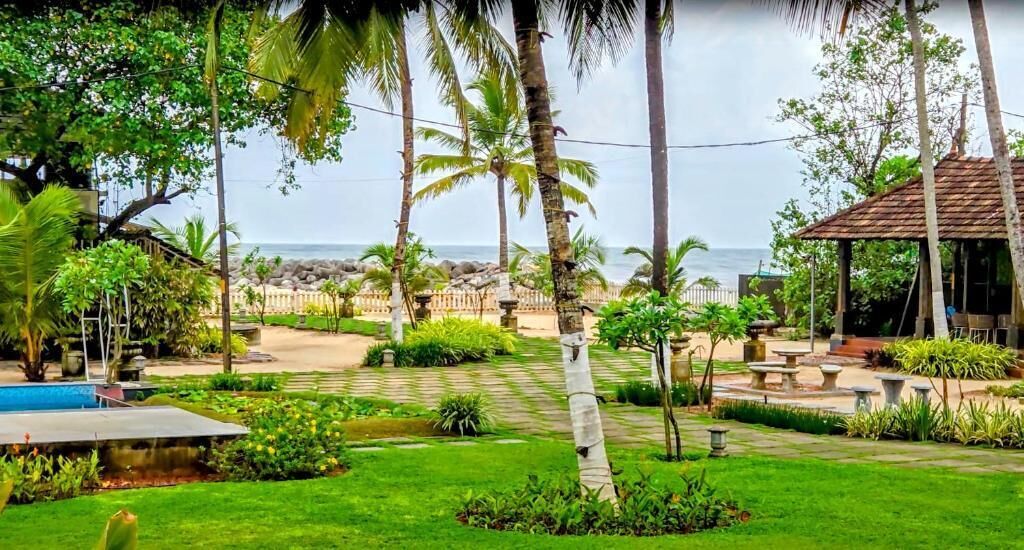 Un jardín exuberante con piscina, palmeras y vista al océano.