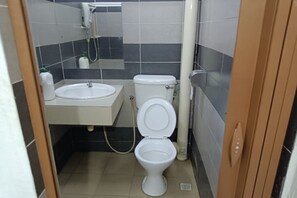 Een kleine badkamer met toilet, wastafel en spiegel.