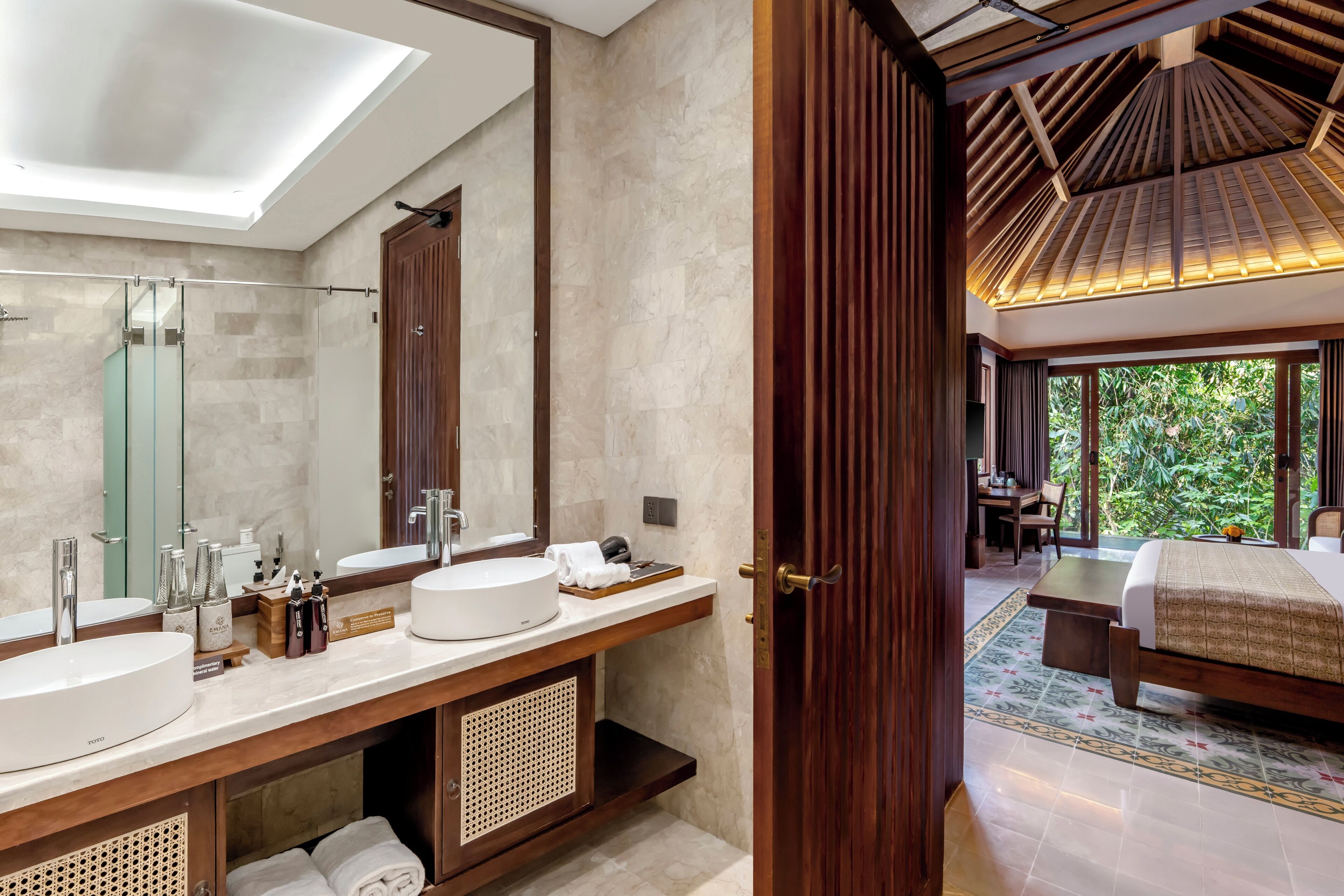 Eco-friendly toiletries, hair dryer, slippers, towels