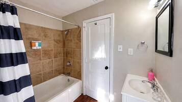 Hair dryer, towels, soap, shampoo