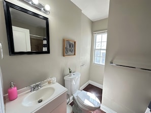 Hair dryer, towels, soap, shampoo