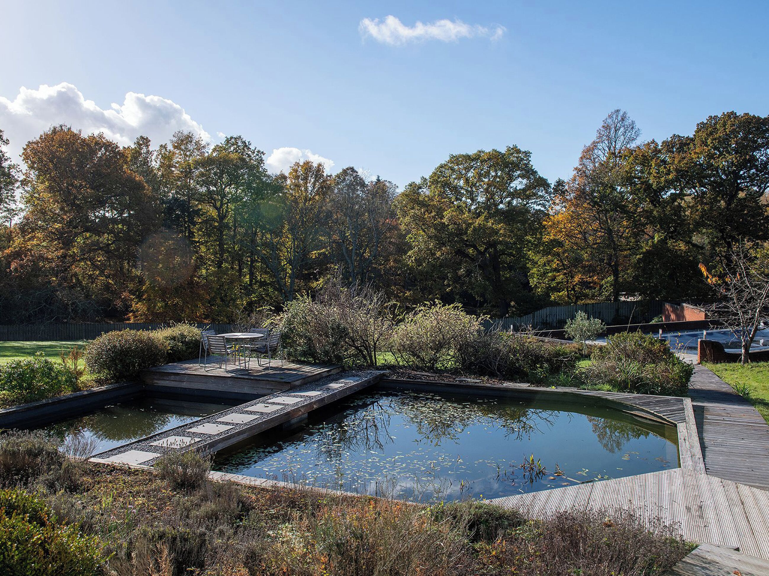 A tranquil garden with a pond, wooden deck, and surrounding trees.