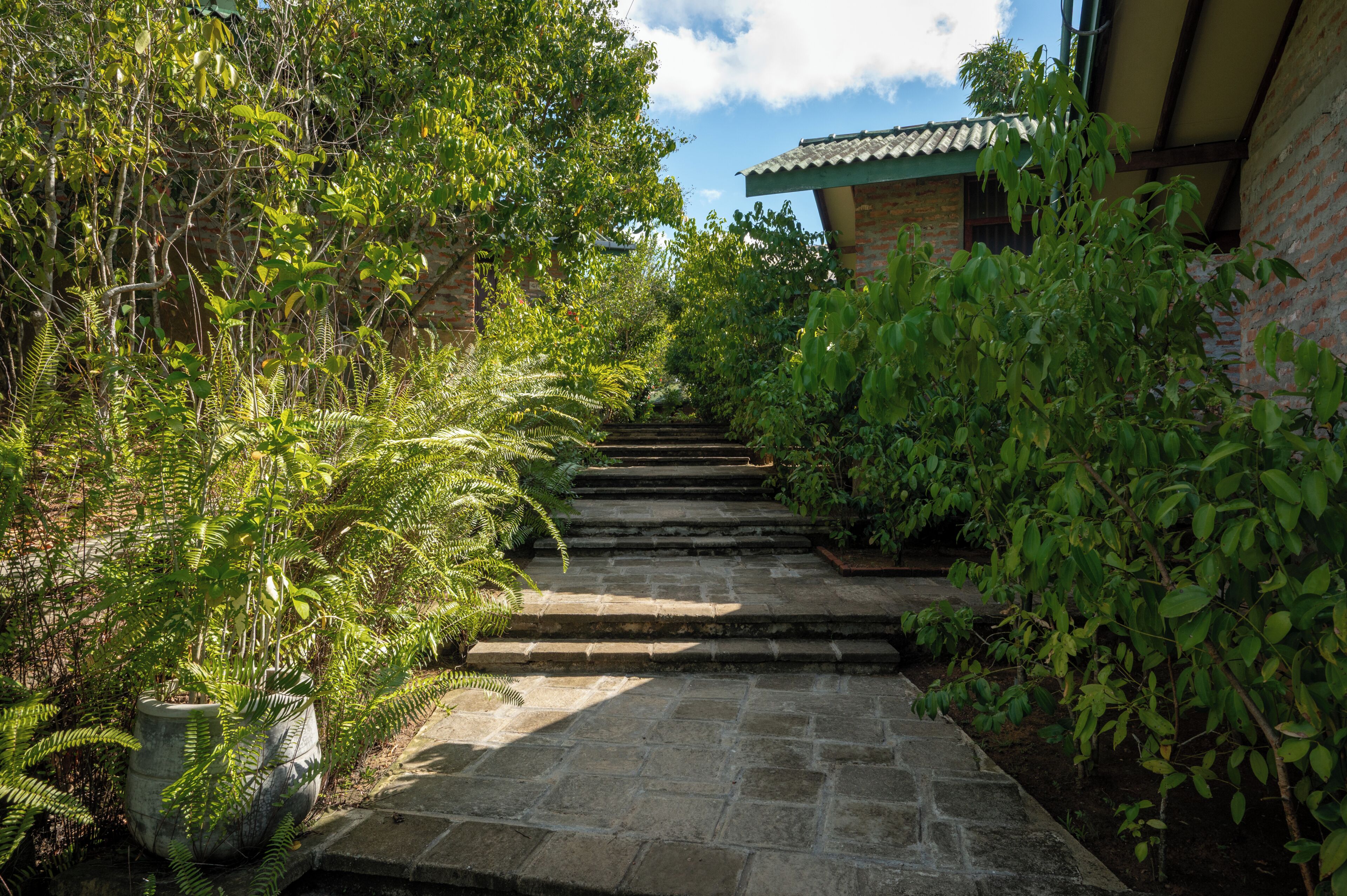 A stone staircase leading to a building with a tiled roof.