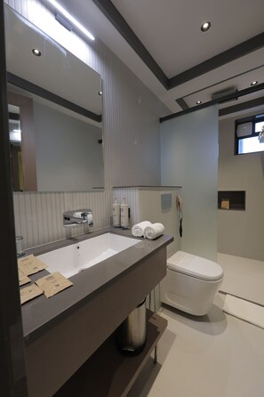 Un baño moderno con un espejo grande, un lavamanos, un inodoro y una zona de ducha.