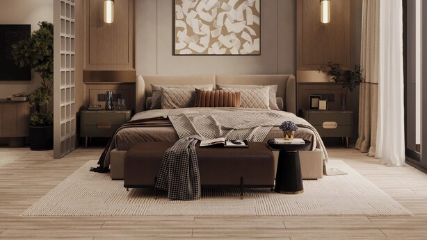 A modern bedroom with a large bed, two bedside tables, a wall-mounted artwork, and a large window with curtains. - Ananta Elite (Somnath)