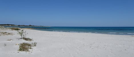 A beach with white sand and clear blue water.