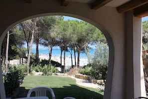 Un espacio al aire libre cubierto con vista a una playa y árboles.