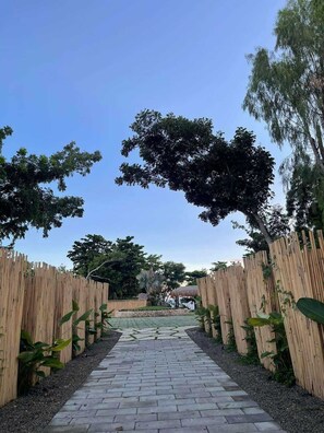 A paved pathway flanked by wooden fences leading to a garden area with trees and a thatched structure.