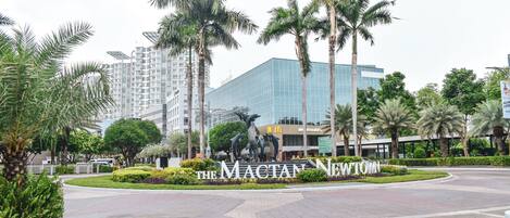 A landscaped area with palm trees, a McDonald's sign, and a building with reflective glass windows.