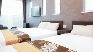 A hotel room with two beds, a flat-screen TV, and a window with curtains. - HOTEL MELNA HAKATA (Fukuoka City)