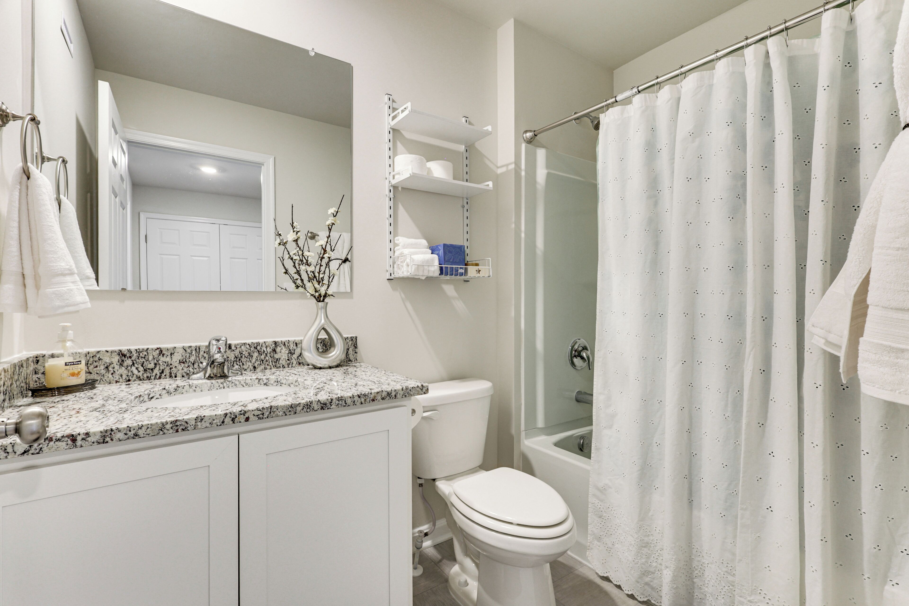 Une salle de bain avec des toilettes blanches, une douche avec un rideau blanc, un lavabo avec un distributeur de savon et un miroir au-dessus du lavabo.