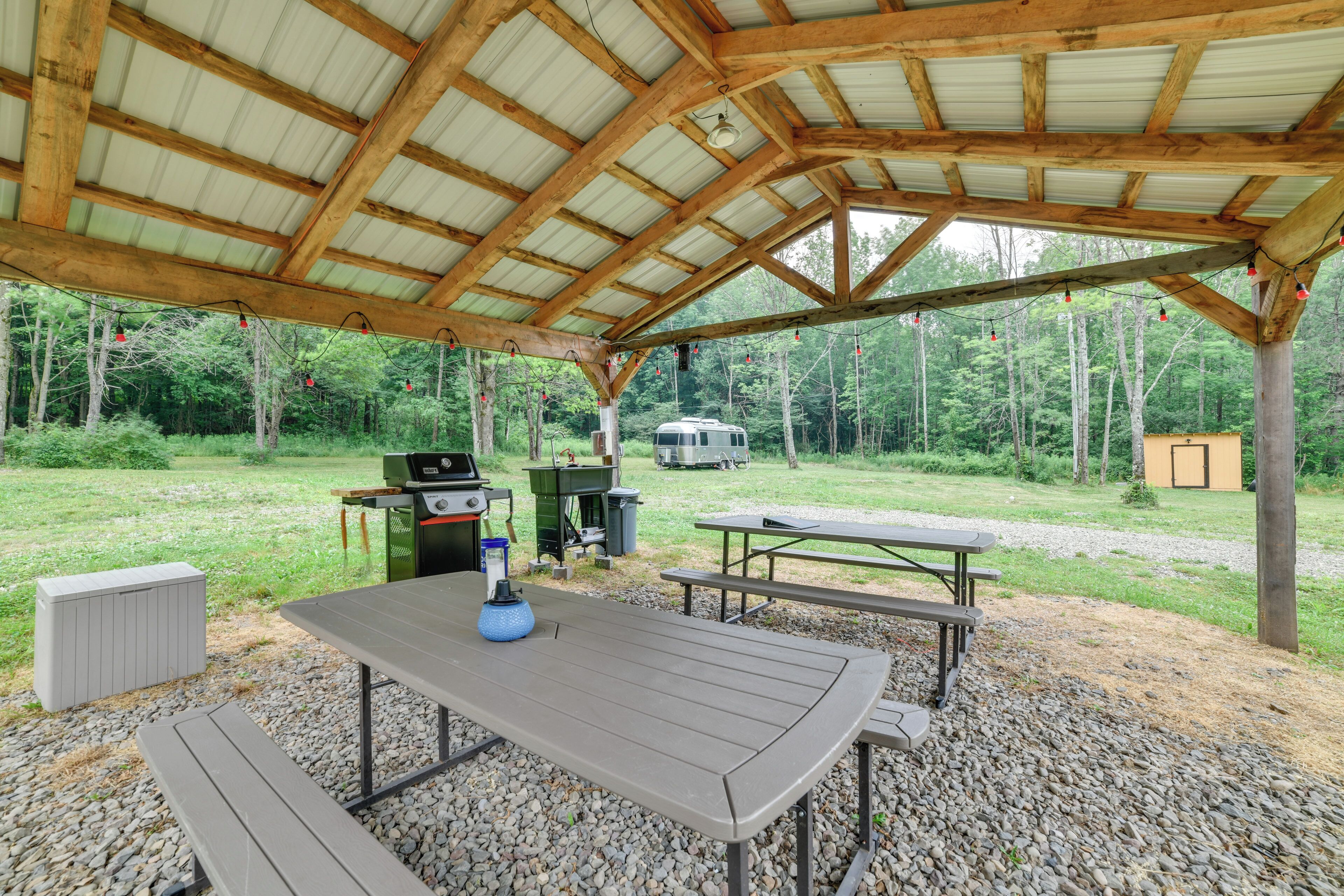 Un espace pique-nique extérieur abrité, équipé de tables à pique-nique et d’un barbecue.