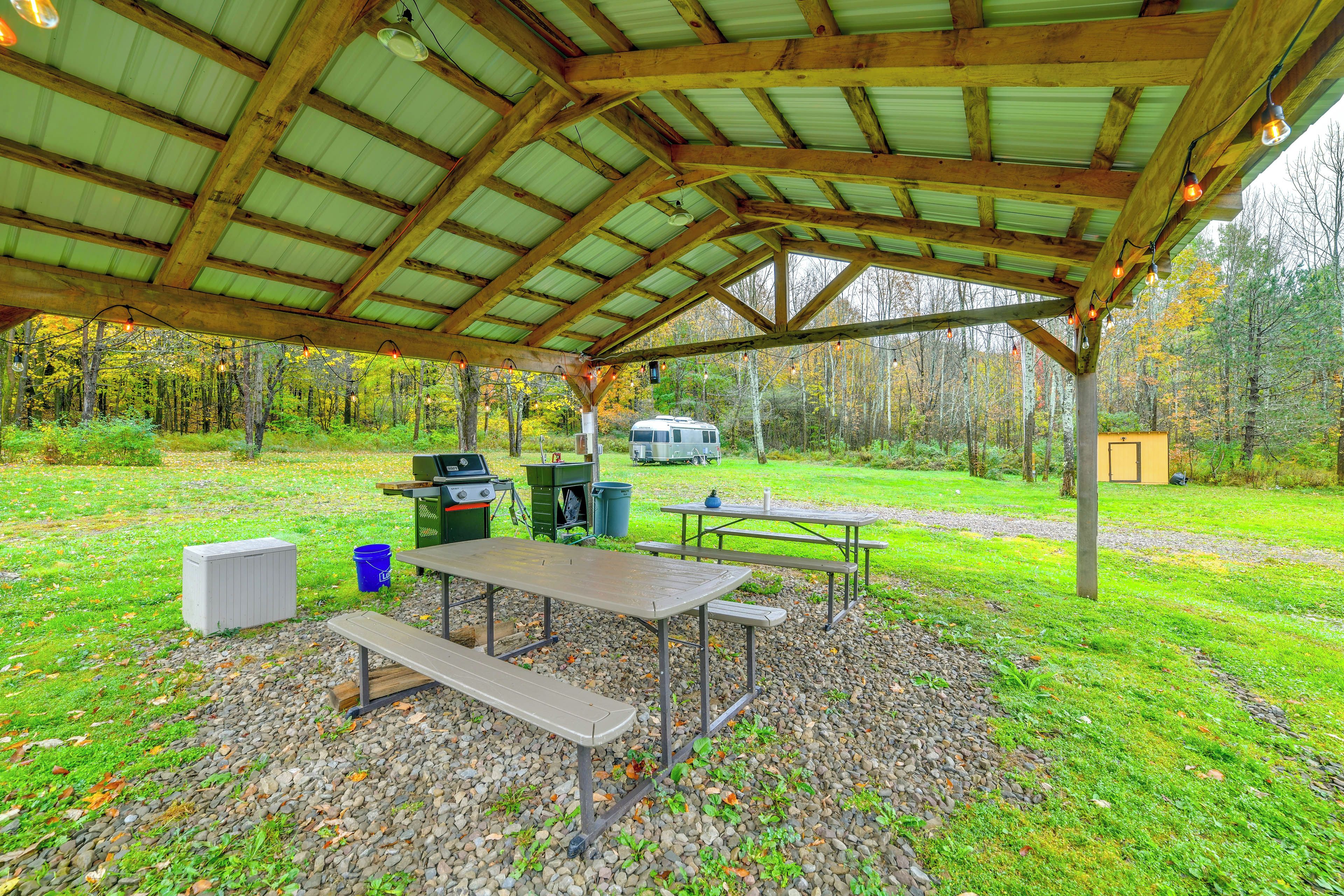 An outdoor covered picnic area with picnic tables, a grill, and a portable toilet.