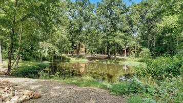 A natural setting with a pond, trees, and a wooden structure.