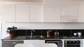 Una cuina moderna amb armaris blancs, un salvasol negre, electrodomèstics d'acer inoxidable i una planta en test.