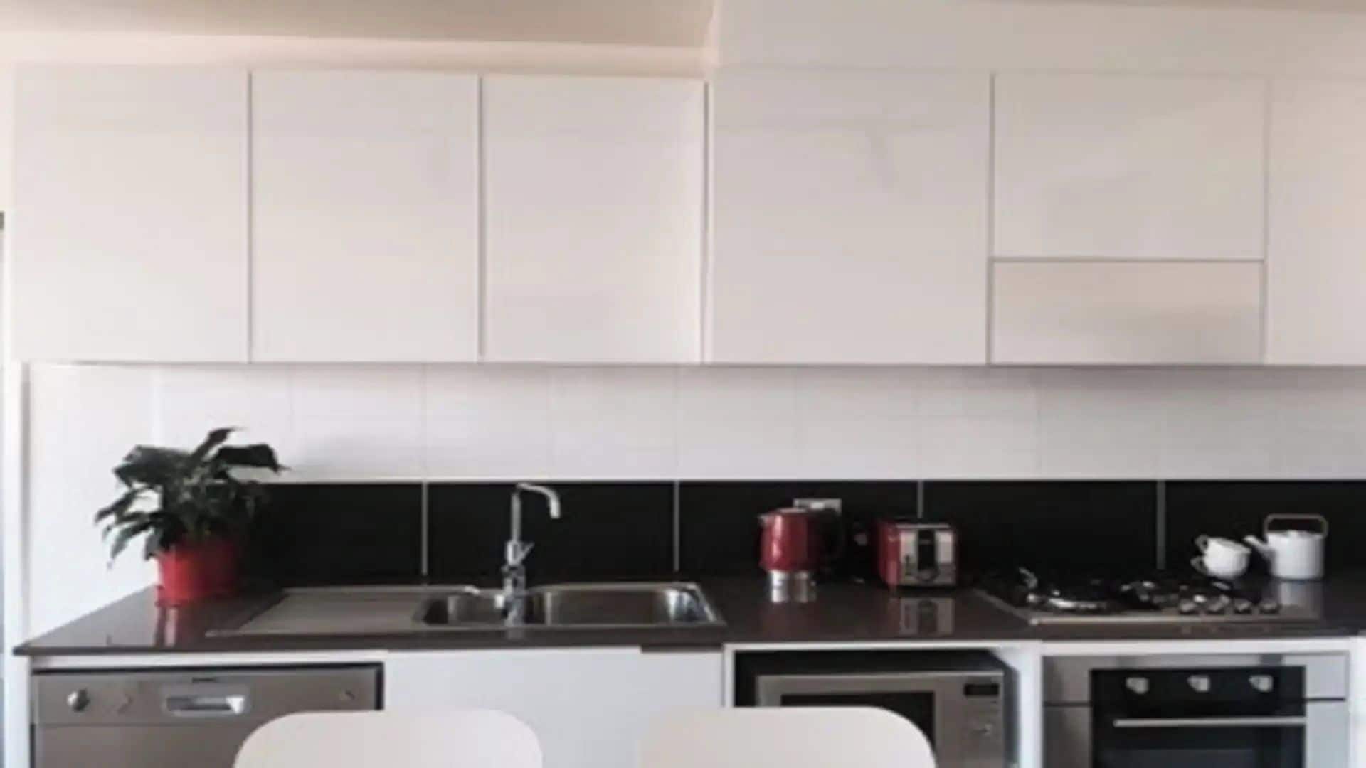Eine moderne Küche mit weißen Schränken, einer schwarzen Spritzschutzwand, Edelstahlgeräten und einem Topf mit Pflanze.