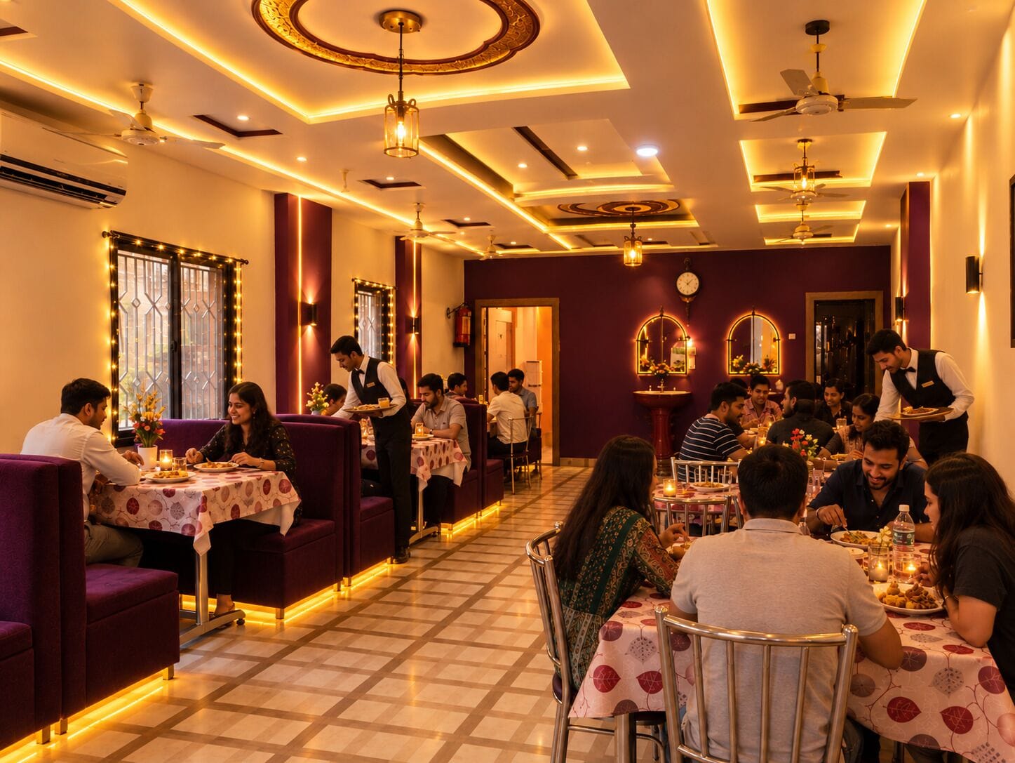 A restaurant with multiple dining tables, waitstaff, and a mix of seated and standing guests.