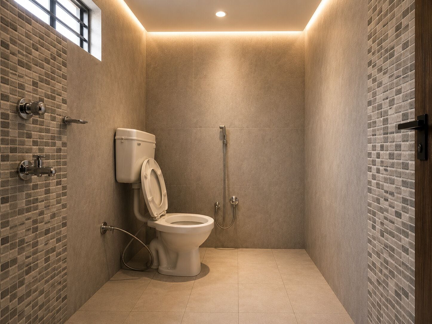 Uma casa de banho moderna com sanita, chuveiro e paredes em azulejo.