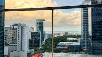 A cityscape view from a high-rise building with a potted plant on a table.