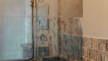 Une salle de bain équipée d’une baignoire, d’une douche et d’un espace de douche séparé par des parois en verre.