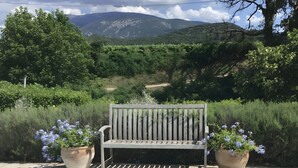 A bench with two potted plants beside a swimming pool. - Holiday Home 'L’Isclèze' with Mountain View, Wi-Fi and Air Conditioning (Mollans-sur-Ouvèze)