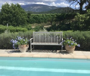 A bench with two potted plants beside a swimming pool. - Holiday Home 'L’Isclèze' with Mountain View, Wi-Fi and Air Conditioning (Mollans-sur-Ouvèze)