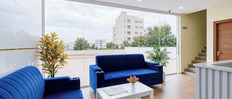 A modern hotel room with a large window, a blue sofa, a white coffee table, and a small plant.
