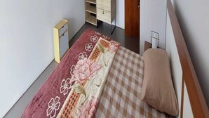 Ein Schlafzimmer mit Bett, Fernseher, Kleiderschrank und Tür.