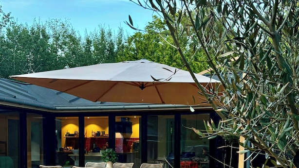 An outdoor dining area with a table and chairs, a large umbrella, and a potted plant.