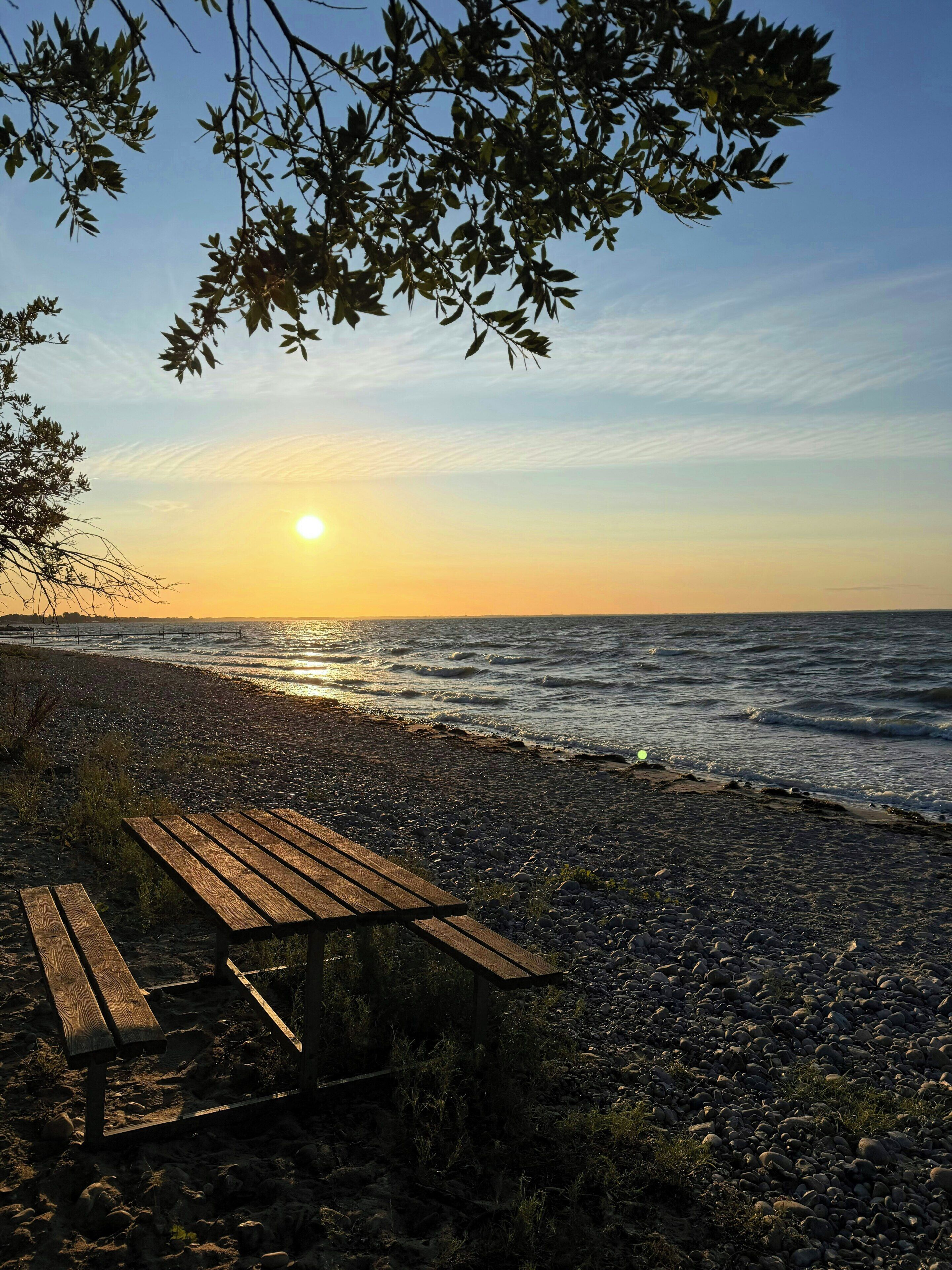 En træbænk på en stenstrand med udsigt til havet og en klar himmel.