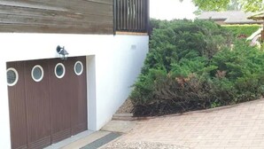 Een gebouw met een bruine deur en een witte muur, omgeven door een tuin met diverse planten.
