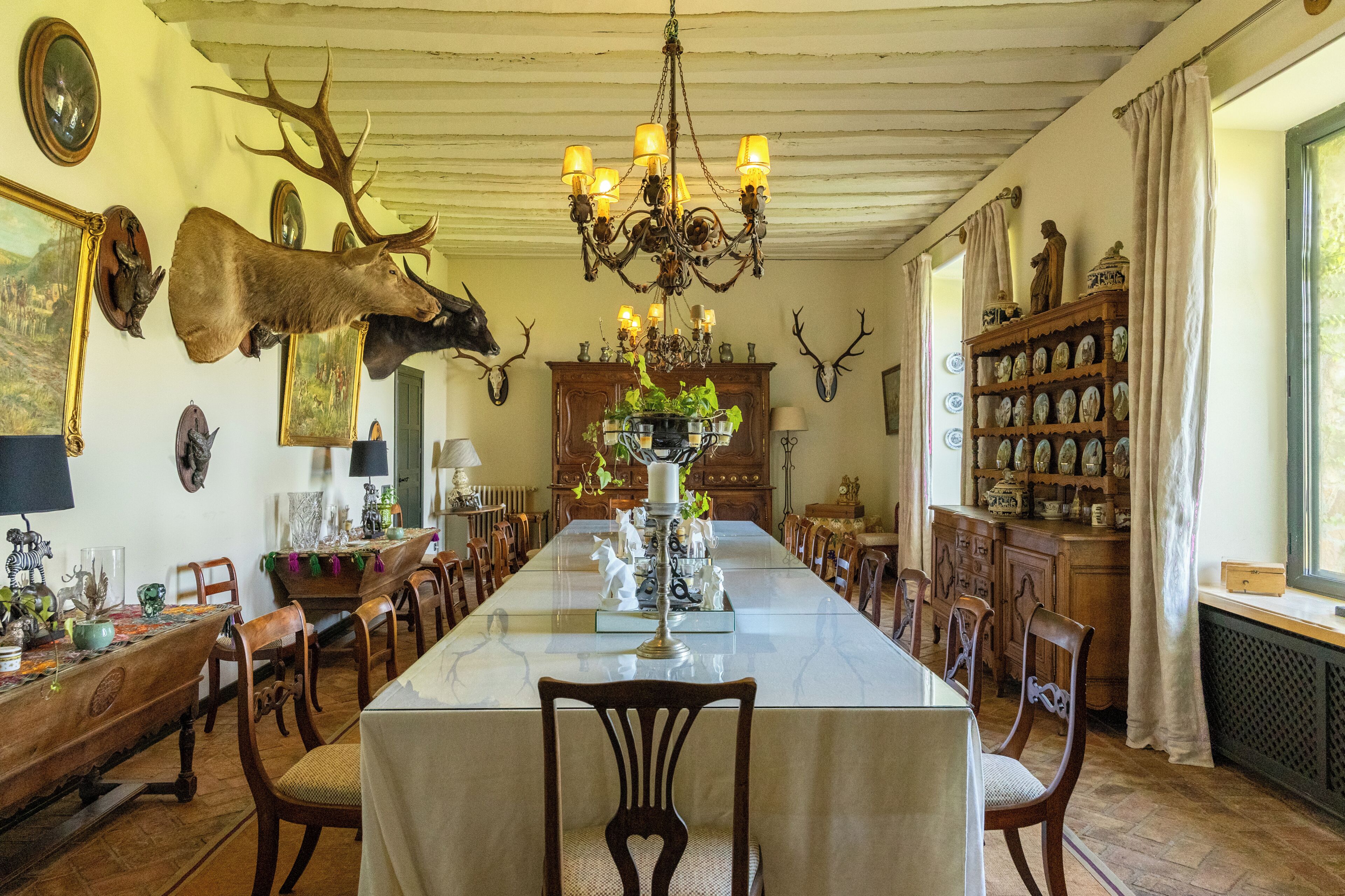 Comedor con una mesa larga, sillas, una lámpara de araña y decoraciones de cuernos de ciervo.